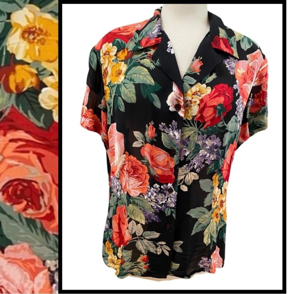 ELLEN TRACY Silk Georgette/Chiffon Black w/ Red Peach Pink Roses Blouse 12 NEW